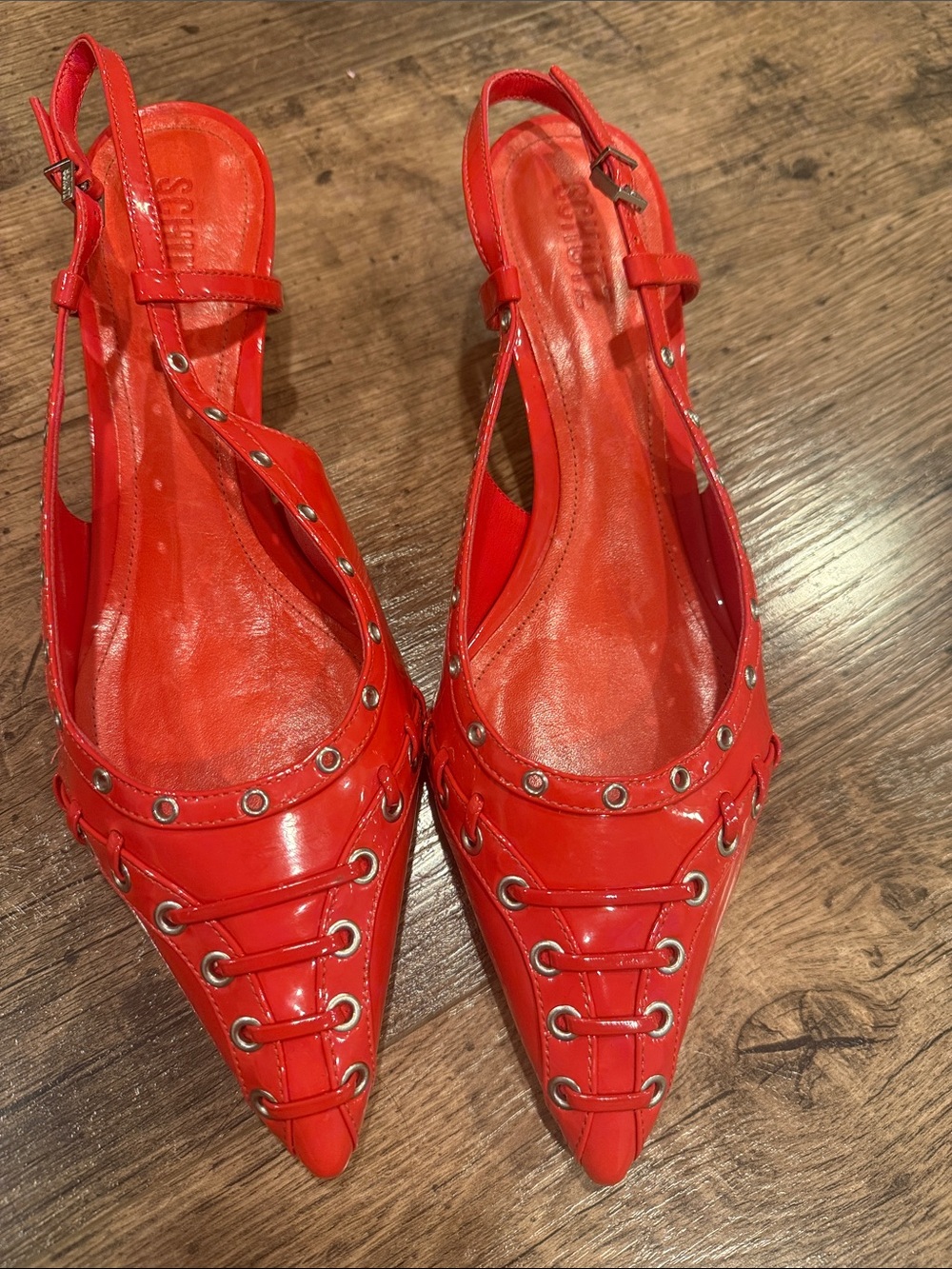 SCHUTZ Red Pointed Slingback Heels with Grommet Lacing